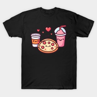 Cute Kawaii Food Art | Pizza Party with Pepperoni Pizza, Cola and Milkshake T-Shirt